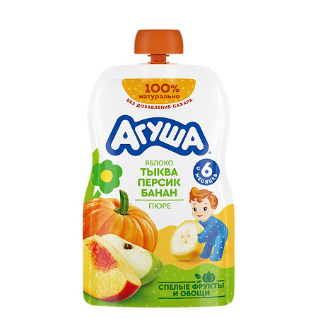 Агуша Фруктовые пюре Яблоко-Персик-Банан-Тыква с 6 мес пауч 90 г 1 шт