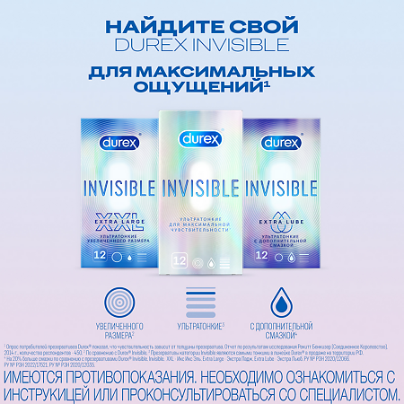 Презервативы Durex Invisible Extra Lube из натурального латекса ультратонкие 12 шт