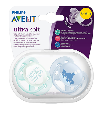 Philips Avent Пустышка силиконовая Ultra Soft Hello/Корабль 0-6 мес для мальчиков SCF222/01 2 шт