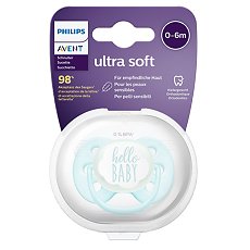 Купить Philips Avent Пустышка силиконовая Ultra Soft Hello 0-6 мес для мальчиков SCF522/01 1 шт цена