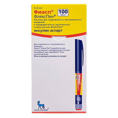 Фиасп раствор для в/в и п/к введ 100 ед/мл 3 мл картриджи в шприц-ручках флекспен 5 шт