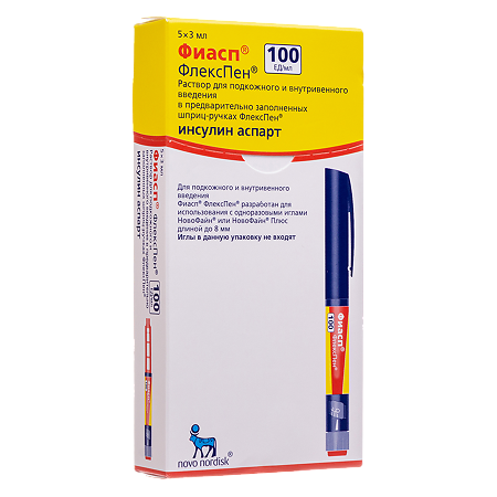 Фиасп раствор для в/в и п/к введ 100 ед/мл 3 мл картриджи в шприц-ручках флекспен 5 шт