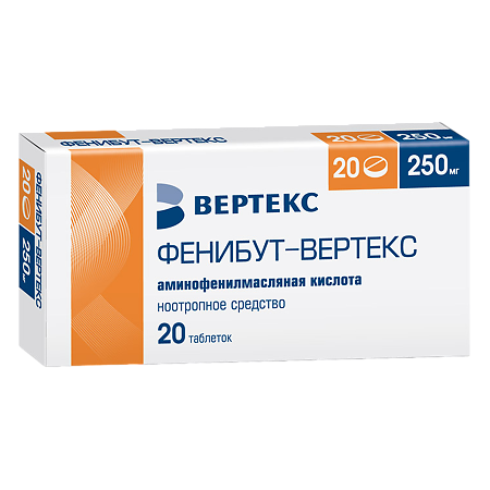 Изображение товара Фенибут-Вертекс таблетки 250 мг 20 шт для снятия тревожности и улучшения памяти