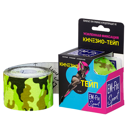 Кинезио-тейп EМ-Fix Sport усиленной фиксации салатовый хаки 5 см х 5 м 1 шт
