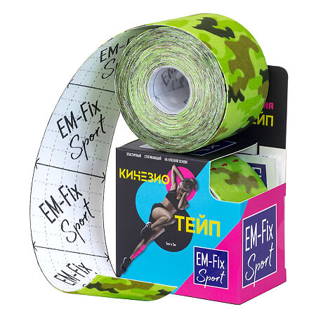 Кинезио-тейп EМ-Fix Sport усиленной фиксации салатовый хаки 5 см х 5 м 1 шт