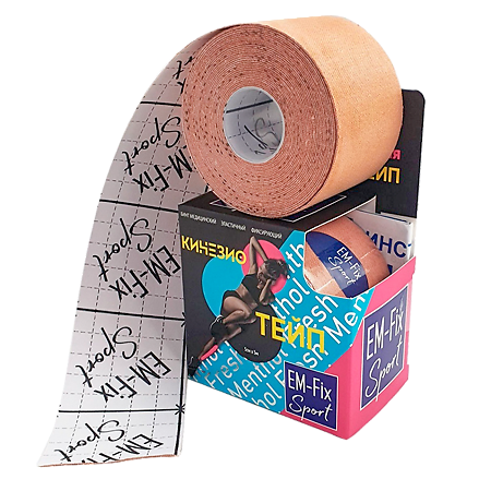 Кинезио-тейп EМ-Fix Sport усиленной фиксации бежевый с запахом ментола освежающий эффект 5 см х 5 м 1 шт