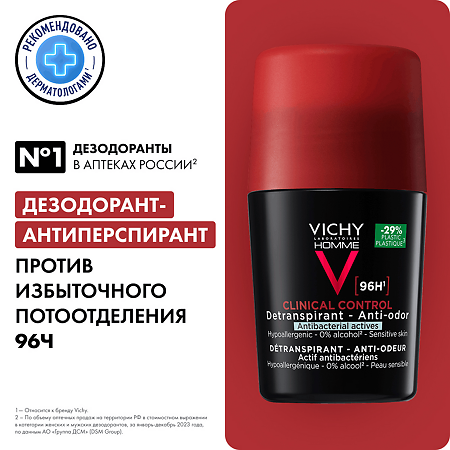 Vichy Homme Clinical Control Дезодорант-антиперспирант 96 ч против избыточного потоотделения 50 мл 1 шт