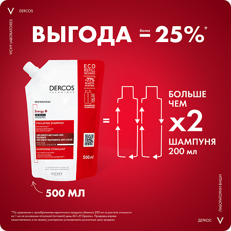 Vichy Dercos Energy+ Шампунь тонизирующий с Аминексилом против выпадения волос Eco-Refill см/блок 500 мл 1 шт