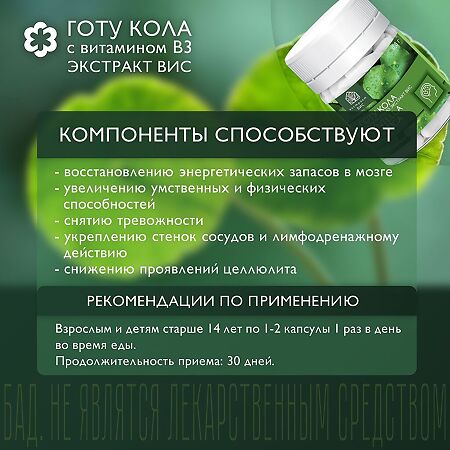 Готу Кола (Центеллы азиатской) экстракт ВИС с витамином В3 / Gotu Kola (Centella asiatica) Standardized extrat капсулы массой 0,3 г 30 шт