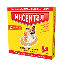 Изображение товара Инсектал капли от блох и клещей для кошек и собак от 2 до 4 кг пипетка (ВЕТ) 0,5 мл 6 шт