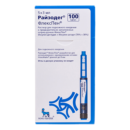 Райзодег раствор для п/к введ 100 ед/мл 3 мл картриджи в шприц-ручках флекспен 5 шт