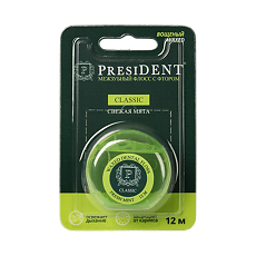 Купить PresiDent Межзубный флосс вощеный Classic мята,фтор 12 м арт.202 1 шт цена
