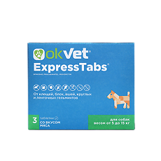 Изображение товара OkVet ExpressTabs от клещей, блох, вшей и гельминтов для собак от 5 кг до 15 кг таблетки 3 шт