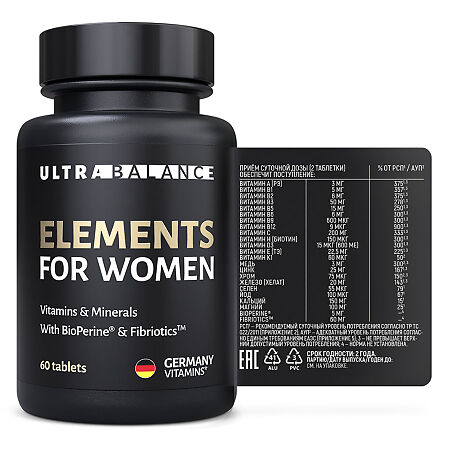 Элементы для женщин Премиум Витамины и минералы / Elements for Womens Premium Vitamins & Minerals UltraBalance таблетки массой 950 мг 60 шт