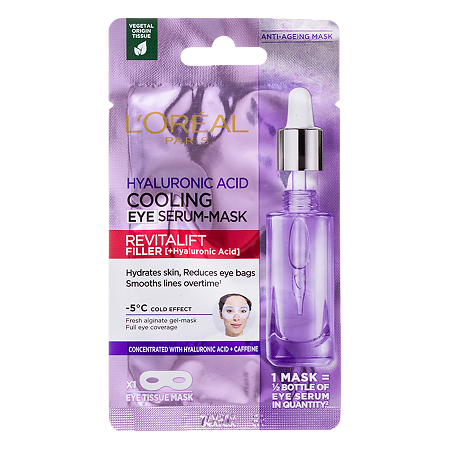 Loreal Paris Revitalift Тканевая маска-сыворотка охлаждающая для области вокруг глаз Филлер с гиалуроновой кислотой и кофеином 1 шт