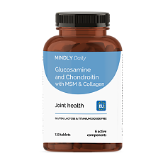 Купить MINDLY Daily Глюкозамин и хондроитин с МСМ и коллагеном/Glucosamine,Chondrotin,MSM & Collagen таблетки по 1275 мг 120 шт цена