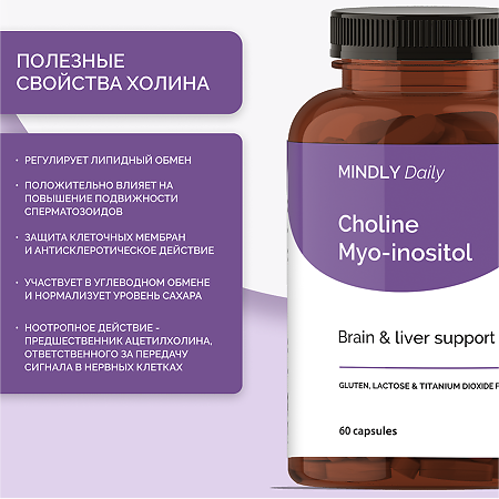 MINDLY Daily Холин+Мио-инозитол 250мг+250мг/Choline Myo-inositol капсулы массой 838 мг 60 шт