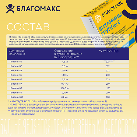 Благомакс Витамины группы B / Blagomax B-Complex капсулы массой 0,35 г 30 шт