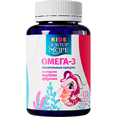 Купить Доктор Море Детская Омега 3 жевательные капсулы со вкусом Тутти-Фрутти массой 500 мг Креветка 120 шт цена