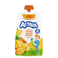 Купить Агуша Фруктовые пюре Яблоко-Груша-Банан-Манго с 6 мес пауч 90 г 1 шт цена