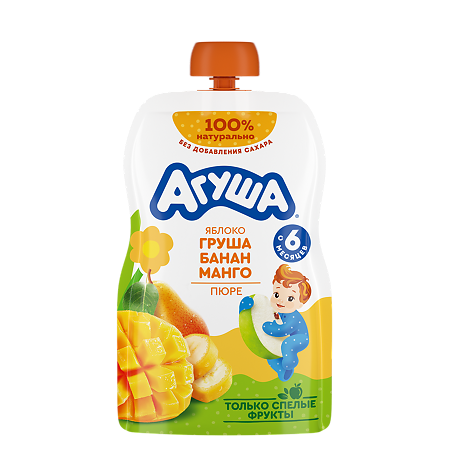 Агуша Фруктовые пюре Яблоко-Груша-Банан-Манго с 6 мес пауч 90 г 1 шт