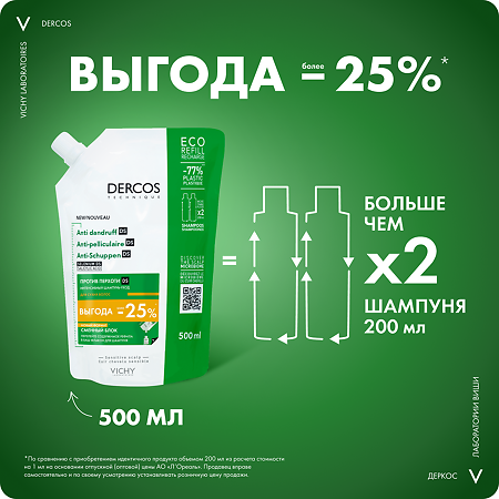 Vichy Dercos DS Интенсивный шампунь-уход против перхоти для сухих волос Eco-Refill сменный блок 500 мл 1 шт