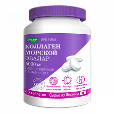 Изображение товара Коллаген морской Эвалар 6000 мг Anti-Age с вит С таблетки покрыт.об. по 1,2 г 60 шт