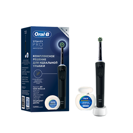 Oral-B Набор Электрическая зубная щетка Vitality PRO Protect X Clean +1 сменная насадка, зубная нить для бережной чистки черная 1 уп