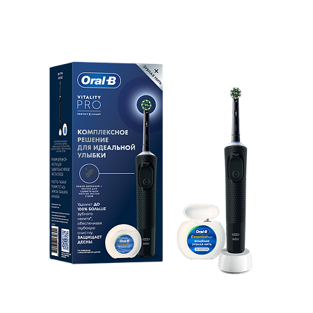 Изображение товара Oral-B Набор Электрическая зубная щетка Vitality PRO Protect X Clean +1 сменная насадка, зубная нить для бережной чистки черная 1 уп