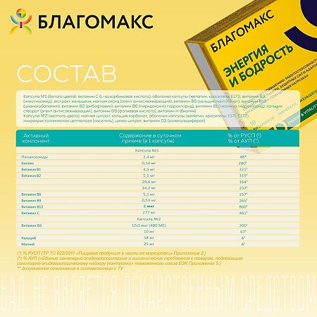 Благомакс Энергия и Бодрость / Energy & Vitality (комплекс из двух капсул) капсулы массой 0,5 г 60 шт