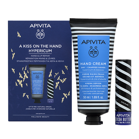 Apivita Подарочный набор A Kiss On The Hand Hypericum Крем для рук со Зверобоем и Пчелиным воском 50 мл+Уход для губ SPF20 стик 4,4 г 1 уп