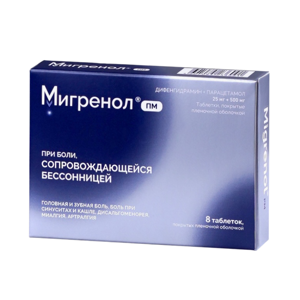 Мигренол ПМ таблетки покрыт.плен.об. 25 мг+500 мг 8 шт - , цена и .