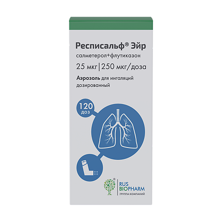 Изображение товара Респисальф Эйр аэрозоль для ингаляций дозированный 25 мкг+250 мкг/доза 120 доз 1 шт