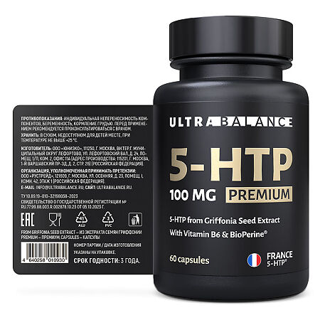 5-Гидрокситриптофан 100 мг из экстракта семян Гриффонии/5-HTP Griffonia seed extract Premium UltraBalance капсулы массой  400 мг 60 шт