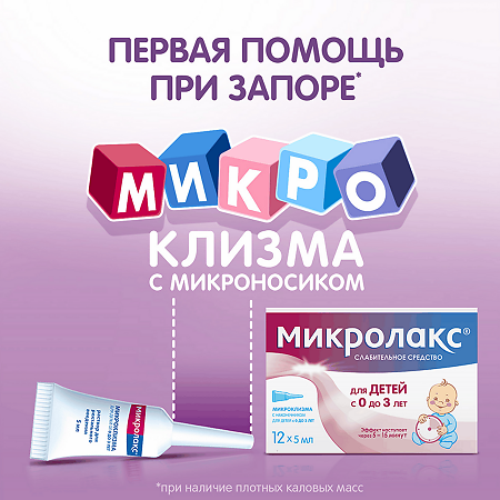 Микролакс раствор для ректального введ 5 мл микроклизмы для детей от 0 до 3 лет 12 шт
