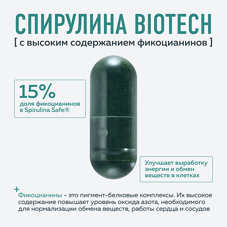 Сплат (Splat) Биохак+ БиоТех Спирулина 1000 мг плюс синергисты Q10,D3 капсулы массой 630 мг 90 шт