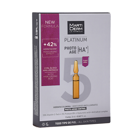 Изображение товара MartiDerm Platinum Коррекция фотостарения Гиалуроновая кислота + для всех типов кожи ампулы 2 мл 5 шт