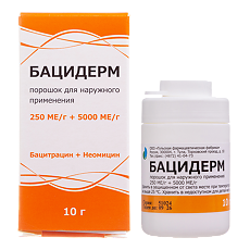 Купить Бацидерм порошок для наружного применения 250 ме/г+5000 ме/г 10 г 1 шт цена