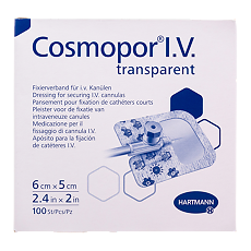 Изображение товара Повязка Cosmopor I.V. Transparent/Космопор I.V. Трансперент пластырного типа для фиксации канюль стерильная 6 х 5 см 100 шт