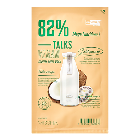 MISSHA Talks Vegan Squeeze Mega Nutritious Маска энерджайзер с экстрактами нони и кокоса 27 г 1 шт