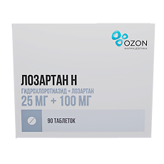 Купить Лозартан-Н таблетки покрыт.плен.об. 25 мг+100 мг 90 шт цена