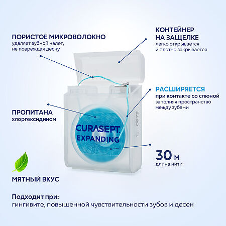 Curasept Microfibra Expanding Зубная нить расширяющаяся вощеная CHX 0,2% со вкусом мяты 30м 1 шт