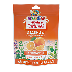 Купить Альпийская Карамель Alpine Caramel Детские леденцы с натуральным медом и вит С массой 3,3 г Апельсин пакет 75 г 1 уп цена