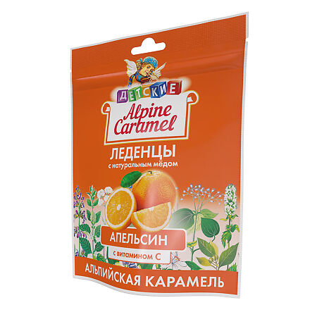 Альпийская Карамель / Alpine Caramel Леденцы детские с натуральным медом и вит С со вкусом Апельсина массой 3,3 г пакет 75 г 1 уп
