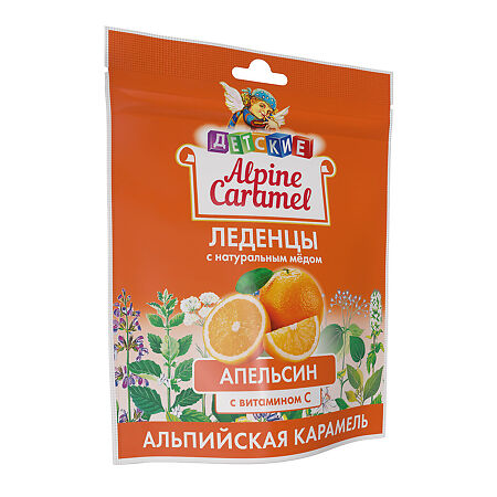 Альпийская Карамель / Alpine Caramel Леденцы детские с натуральным медом и вит С со вкусом Апельсина массой 3,3 г пакет 75 г 1 уп