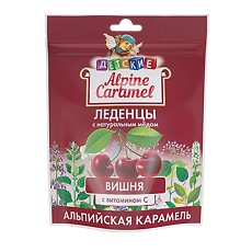 Изображение товара Альпийская Карамель / Alpine Caramel Леденцы детские с натуральным медом и вит С со вкусом Вишни массой 3,3 г пакет 75 г 1 уп