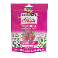 Купить Альпийская Карамель Alpine Caramel Детские леденцы с натуральным медом и вит С массой 3,3 г Малина пакет 75 г 1 уп цена