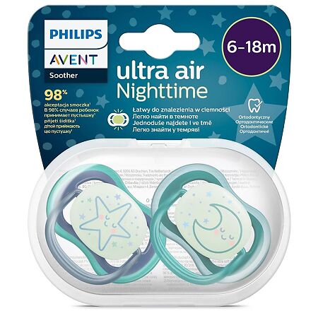 Philips Avent Пустышка светящаяся Ultra Air Night SCF376/13 в комплекте с футляром для хранения и стерилизации 6-18 мес 2 шт