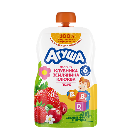 Агуша Фруктовые пюре Укрепляй-ка Яблоко-Клубника-Земляника-Клюква с 6 мес пауч 80 г 1 шт