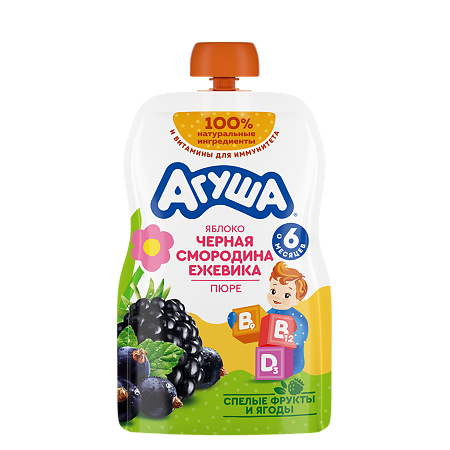 Агуша Фруктовые пюре Укрепляй-ка Яблоко-Черная смородина-Ежевика с 6 мес пауч 80 г 1 шт